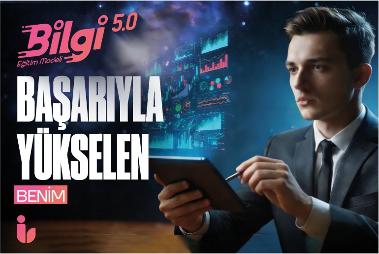 Bilgi Eğitim Modeli 5.0 kapsamında, tablet ve stylus kalemle veri analizi yapan, önünde ışıklı dijital grafikler ve veri tabloları hologramı bulunan takım elbiseli genç profesyonel. Arka planda uzay teması ve büyük puntolarla 'Başarıyla Yükselen Benim' yazısı yer alıyor.